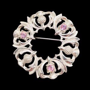 Vtg Silver Scottish Thistle Brooch Purple Rhinestones Wreath Scarf Clip Kilt